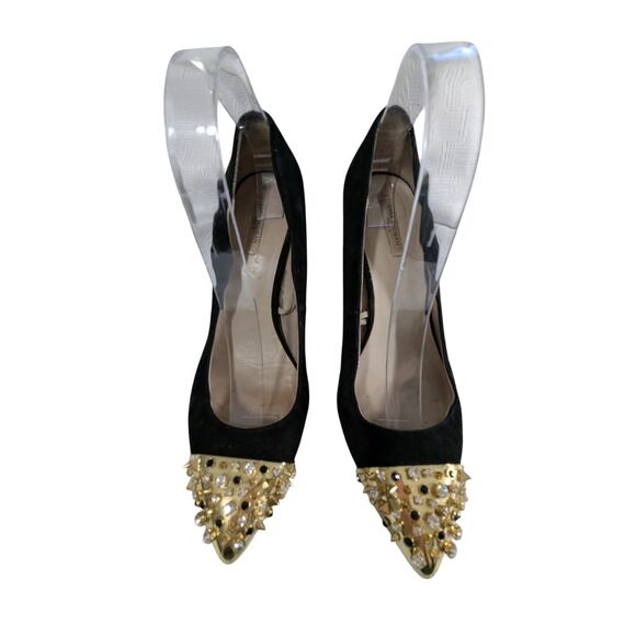 ZARA WOMAN! BLACK GENUINE SUEDE LEATHER GOLD/RHINESTONE TOE HEELS! SZ 9.5M - Picture 4 of 10